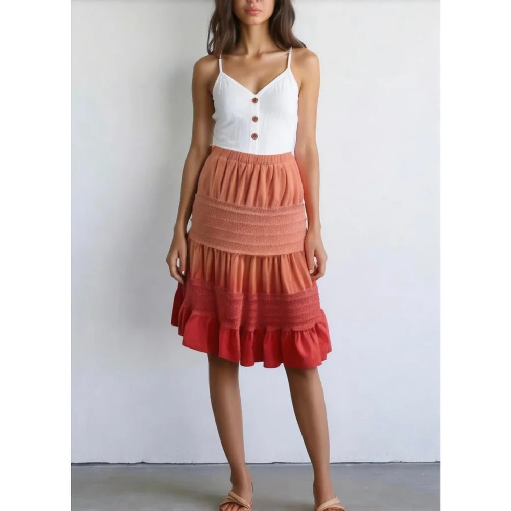 Eyeshadow Women's Tiered Midi Skirt Med Coral Elastic Waistband Boho Cottagecore